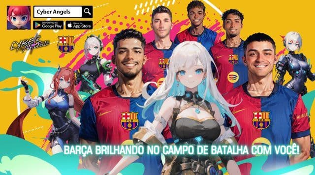 Game licenciado pelo FC Barcelona traz heroínas mecha e lendas do futebol. Reprodução: IGN Brasil